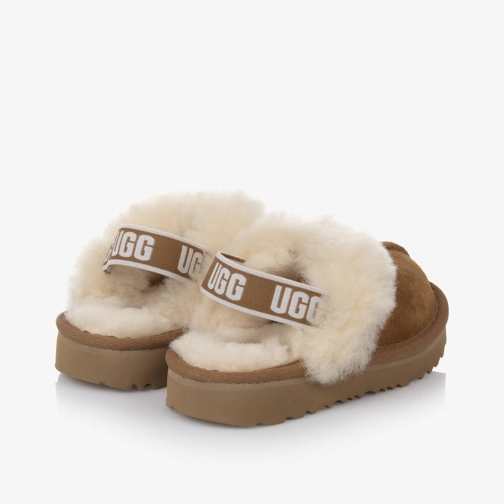 UGG-Girls Chestnut Brown Suede Funkette Slippers | Childrensalon Outlet