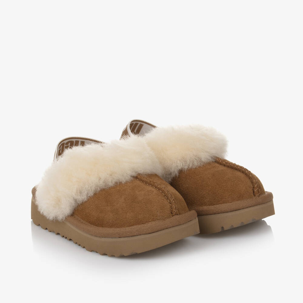 UGG-Girls Chestnut Brown Suede Funkette Slippers | Childrensalon Outlet