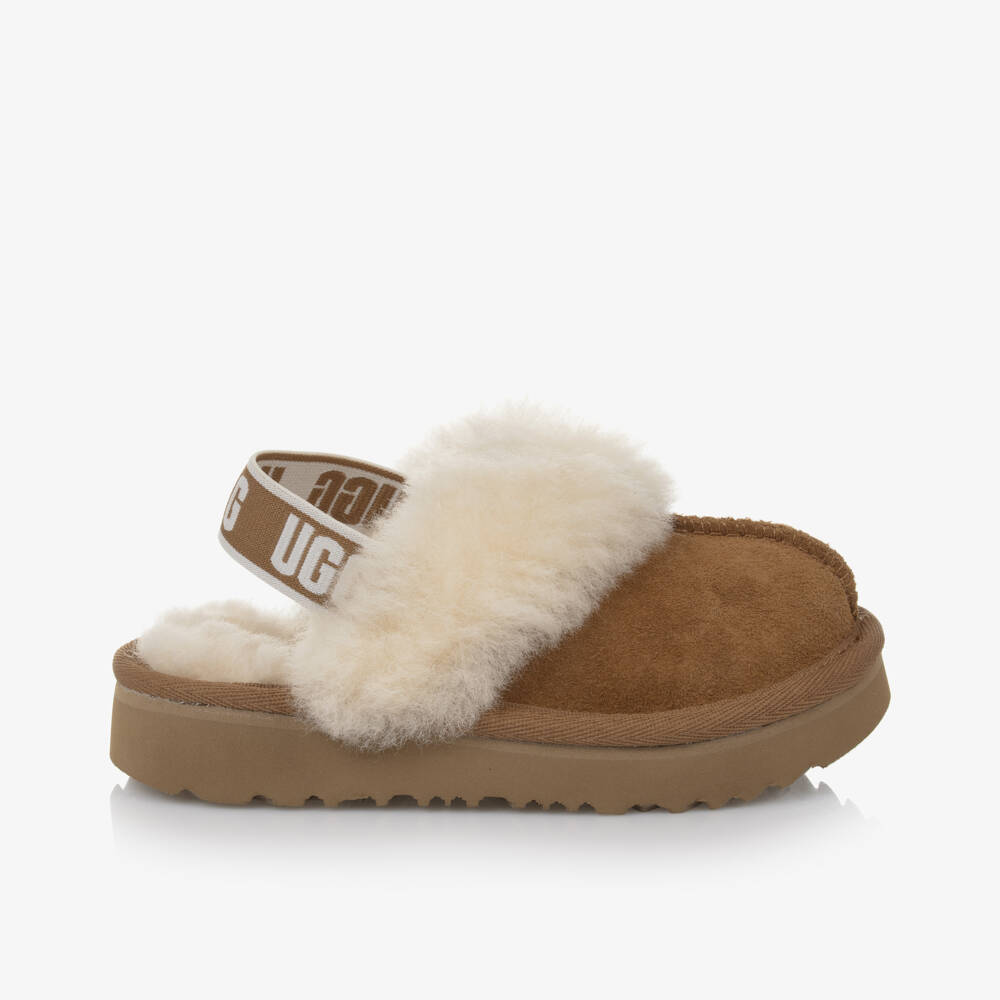 UGG-Girls Chestnut Brown Suede Funkette Slippers | Childrensalon Outlet