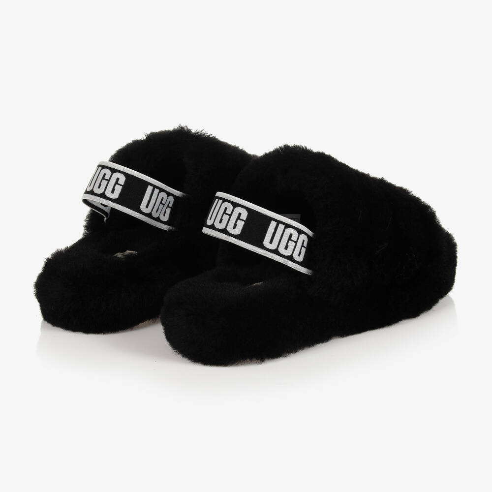 UGG Junior Girls Black Sheepskin Sliders Childrensalon Outlet