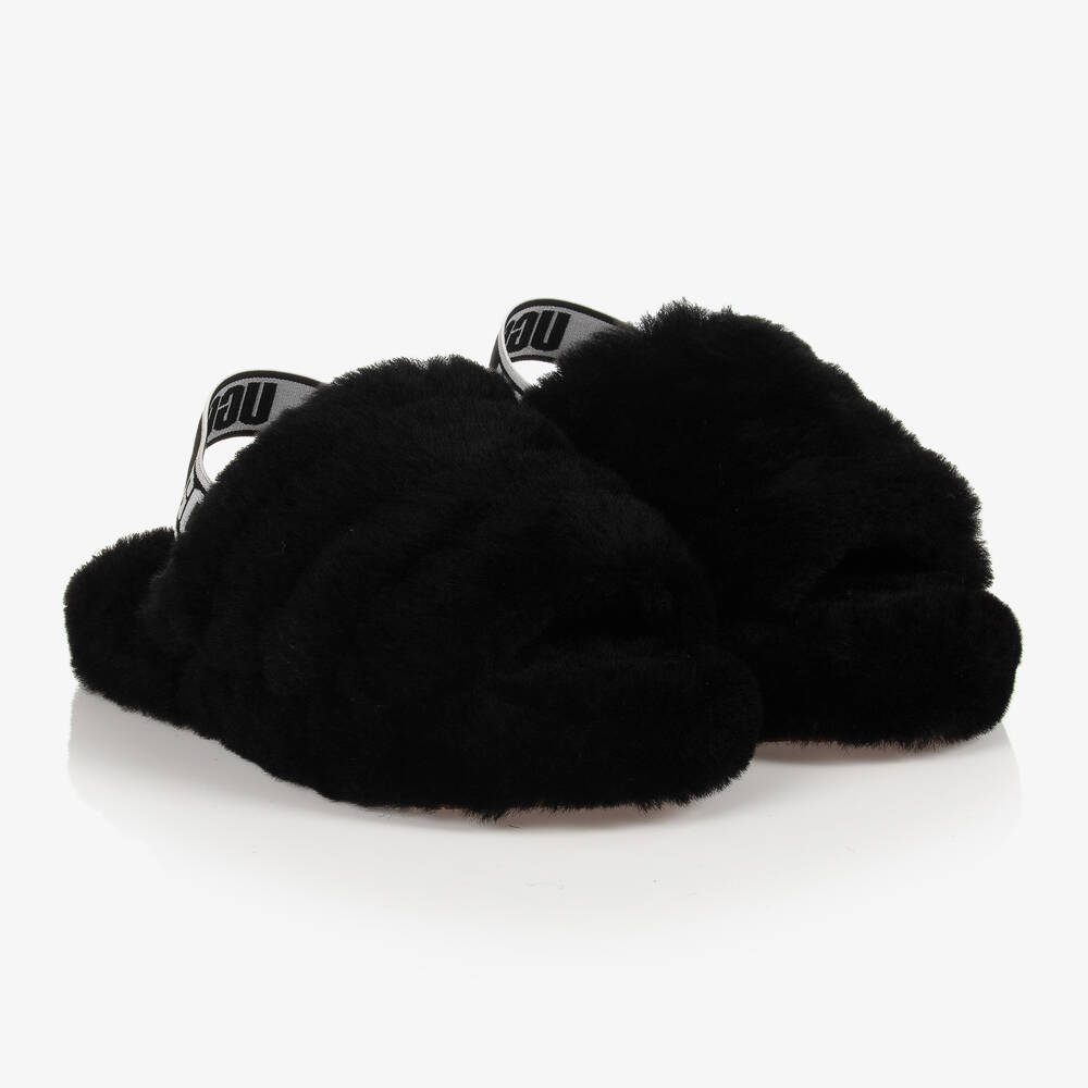 UGG - Junior Girls Black Sheepskin Sliders | Childrensalon