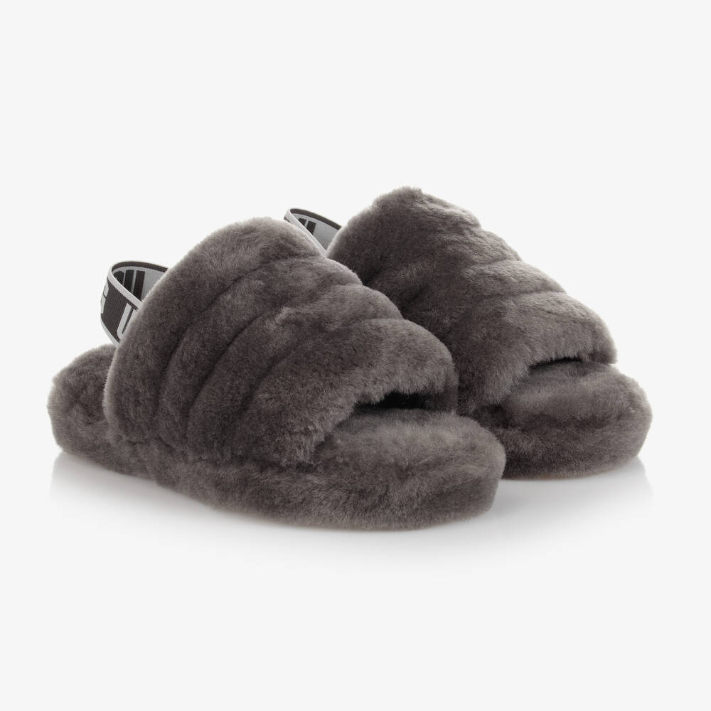 UGG Junior Girls Grey Sheepskin Sliders Childrensalon Outlet