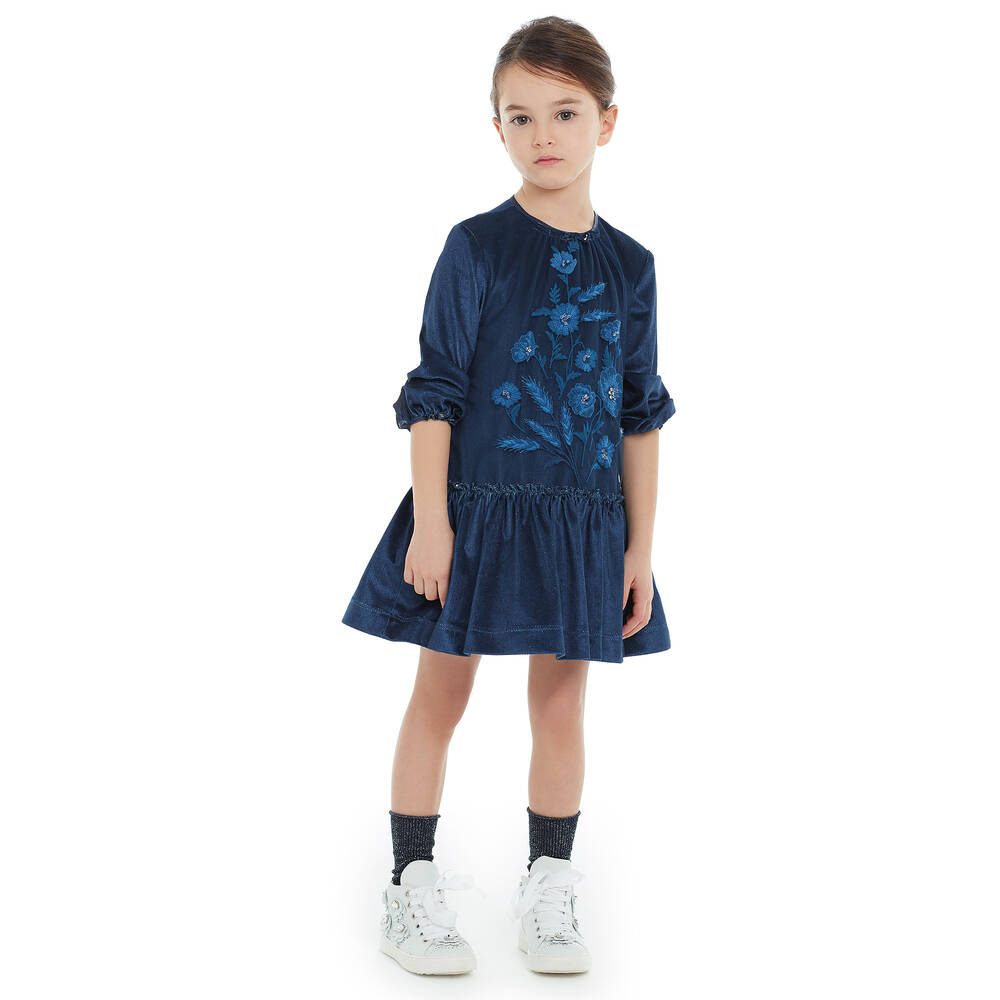 ValMax-Blue Embroidered Velour Dress | Childrensalon Outlet