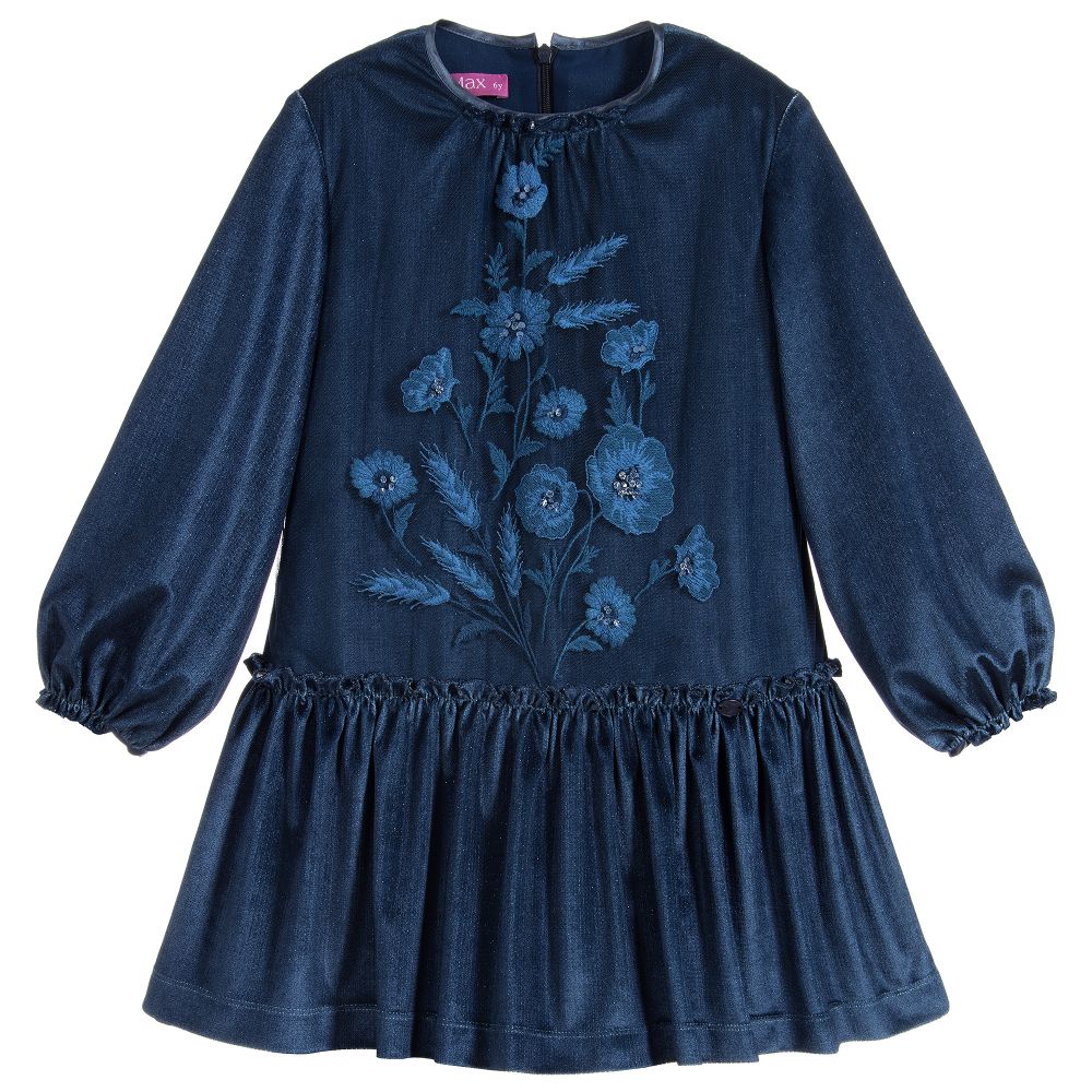 ValMax - Blue Embroidered Velour Dress | Childrensalon