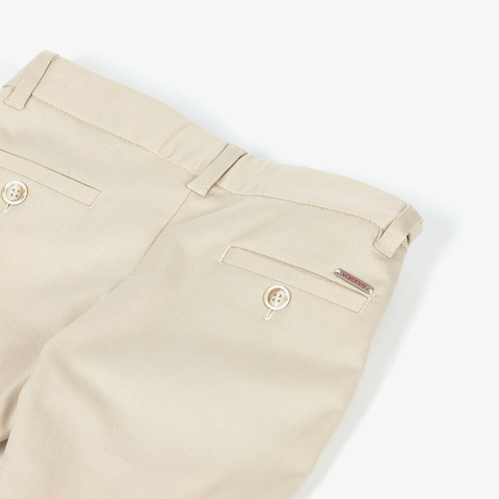 Varones One-Boys Beige Cotton Trousers with Adjustable Waist | Childrensalon Outlet