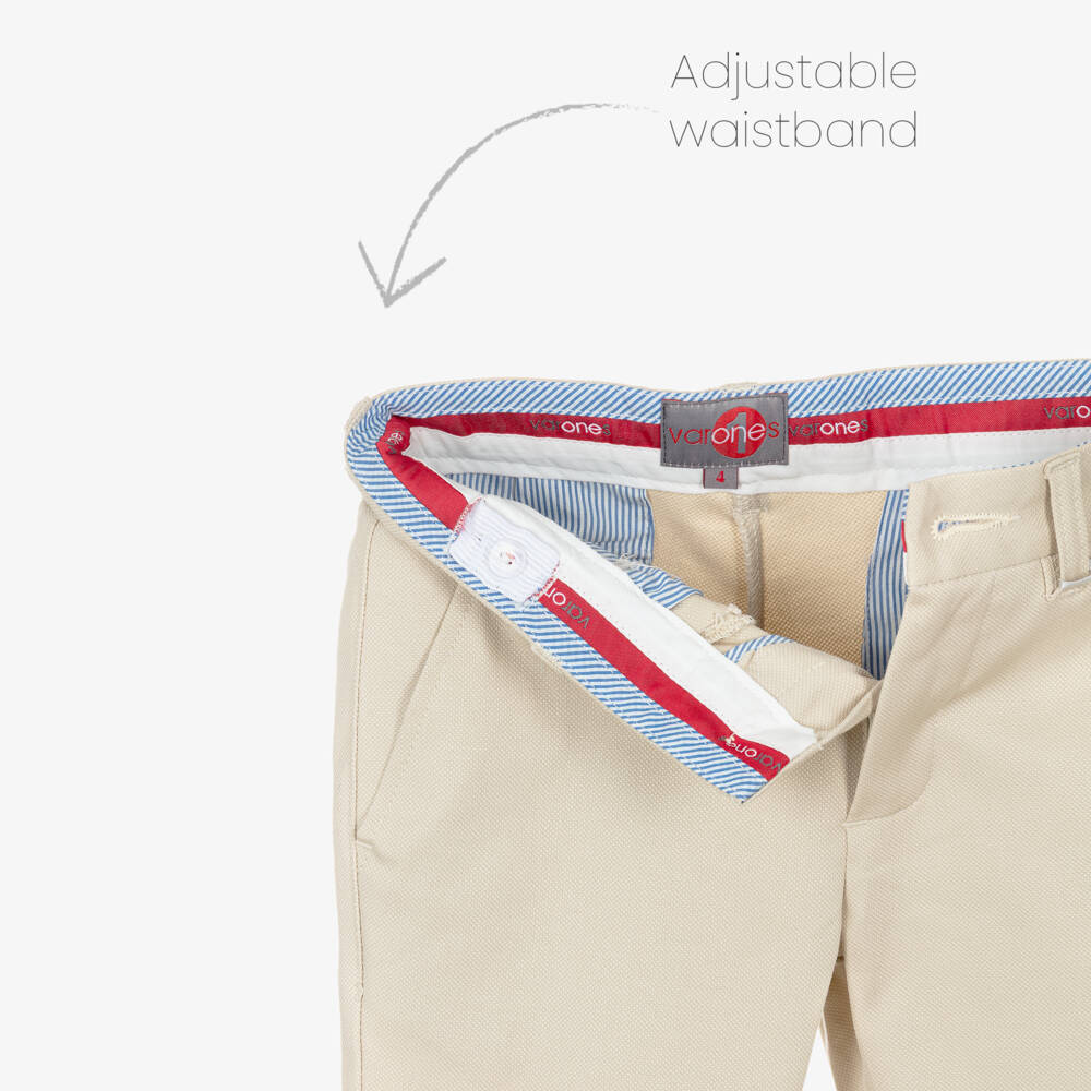 Varones One-Boys Beige Cotton Trousers with Adjustable Waist | Childrensalon Outlet