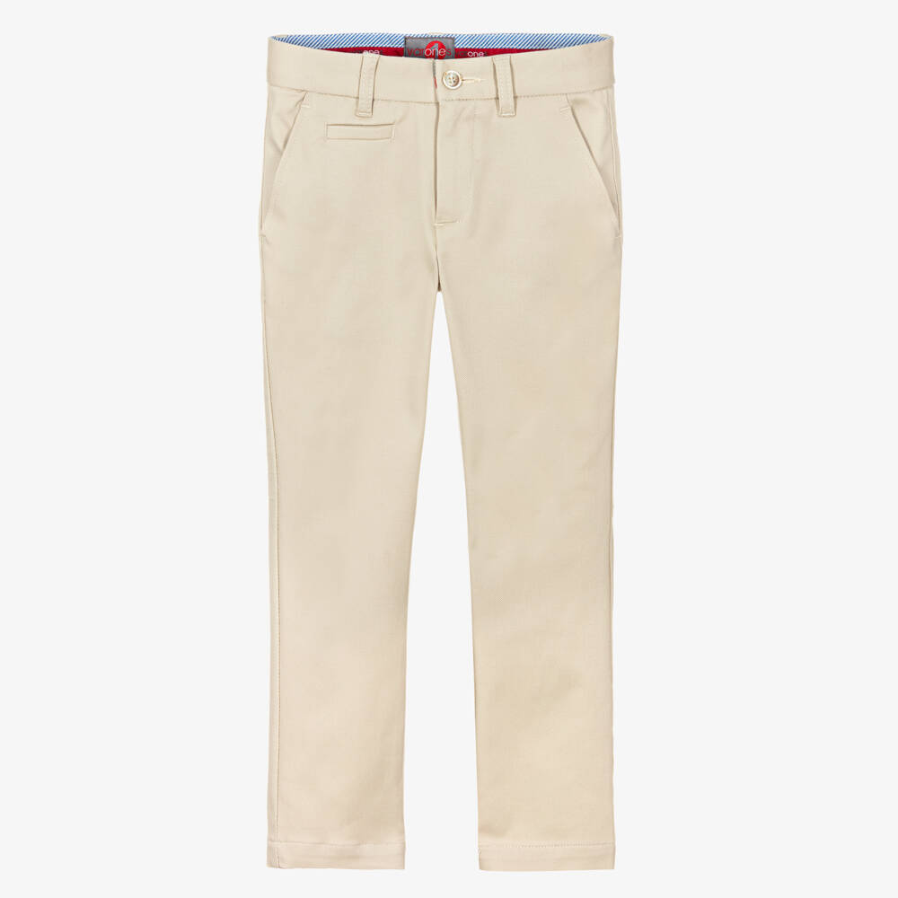 Varones One-Boys Beige Cotton Trousers with Adjustable Waist | Childrensalon Outlet