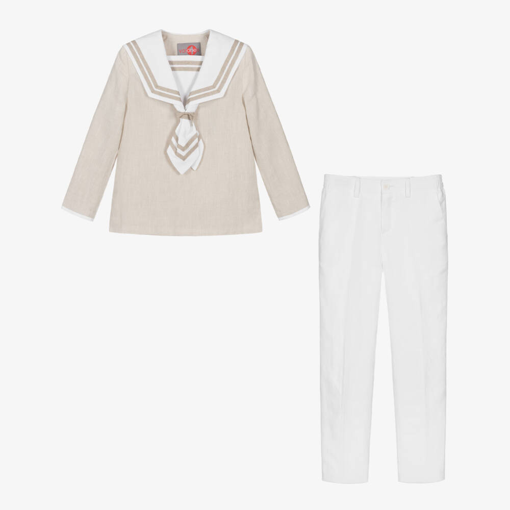 Varones One-Boys Beige Sailor Top & White Trousers Set | Childrensalon Outlet