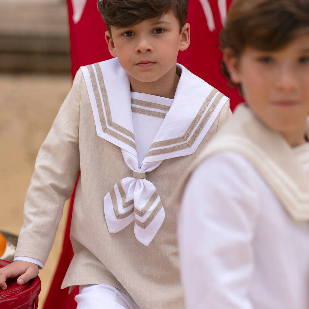 Varones One-Boys Beige Sailor Top & White Trousers Set | Childrensalon Outlet