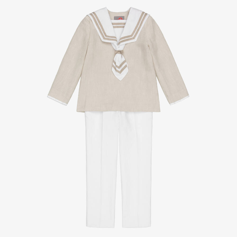 Varones One-Boys Beige Sailor Top & White Trousers Set | Childrensalon Outlet