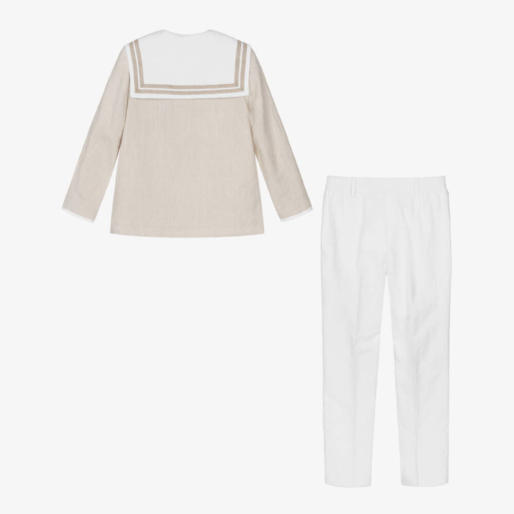 Varones One-Boys Beige Sailor Top & White Trousers Set | Childrensalon Outlet