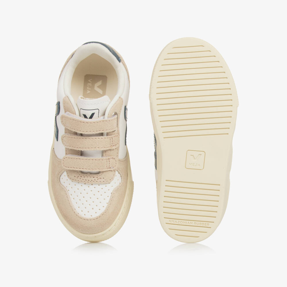 VEJA-Beige, White & Green V-10 Leather Trainers | Childrensalon Outlet
