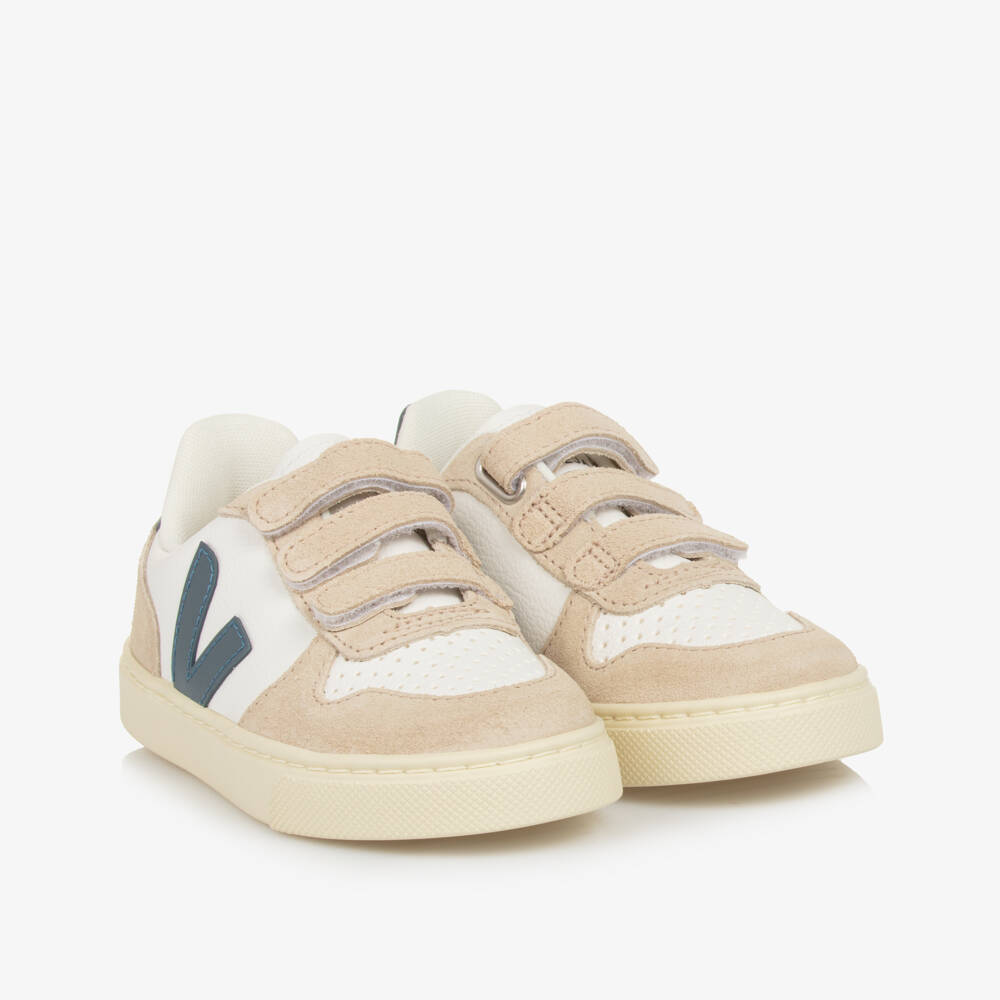 VEJA-Beige, White & Green V-10 Leather Trainers | Childrensalon Outlet