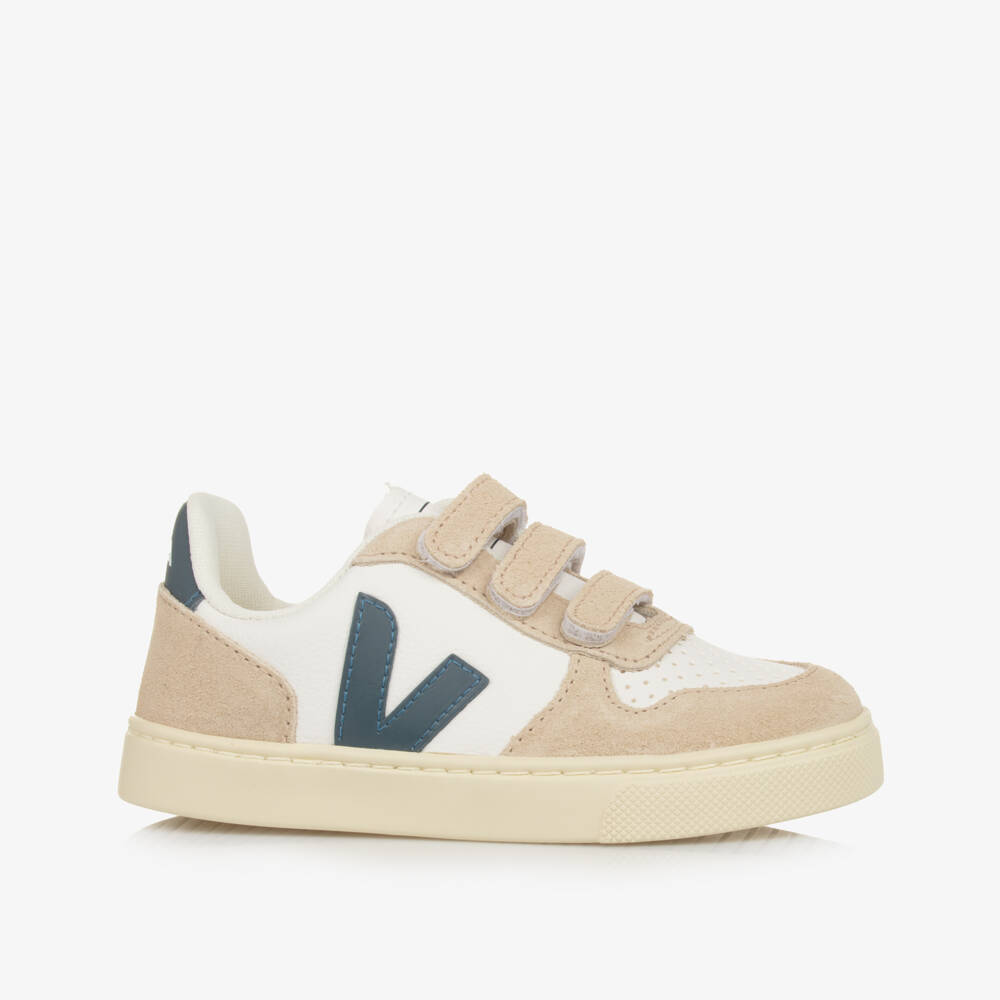 VEJA-Beige, White & Green V-10 Leather Trainers | Childrensalon Outlet