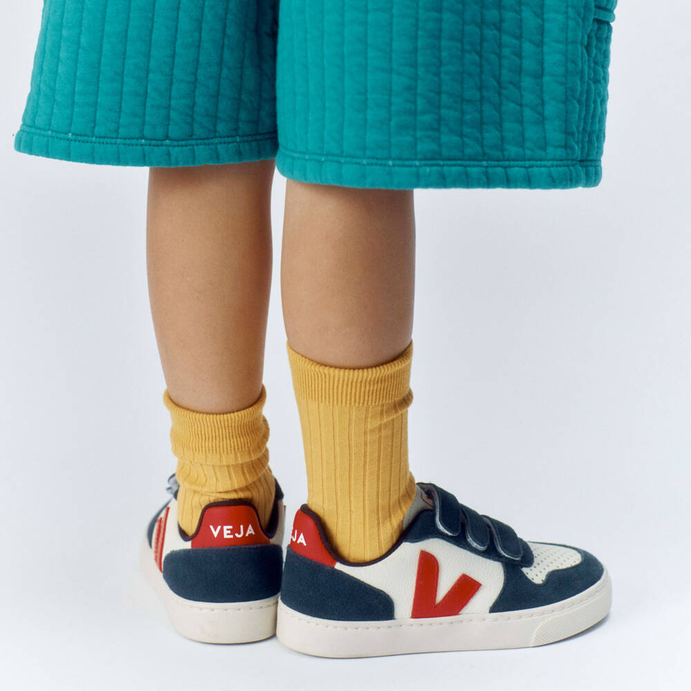 VEJA-Blue, Ivory & Red V-10 Leather Trainers | Childrensalon Outlet