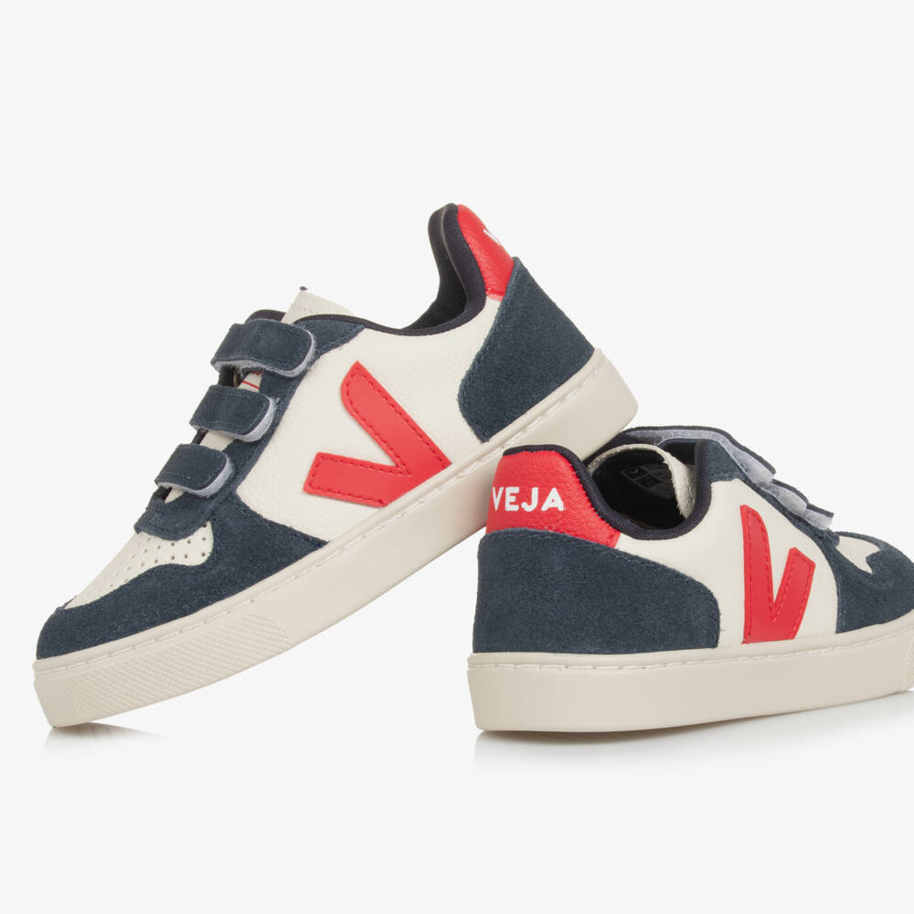 VEJA-Blue, Ivory & Red V-10 Leather Trainers | Childrensalon Outlet
