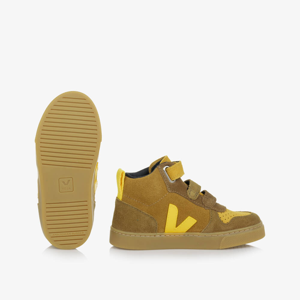 VEJA-Boys Beige & Yellow Suede Leather V-10 High-Top Trainers | Childrensalon Outlet