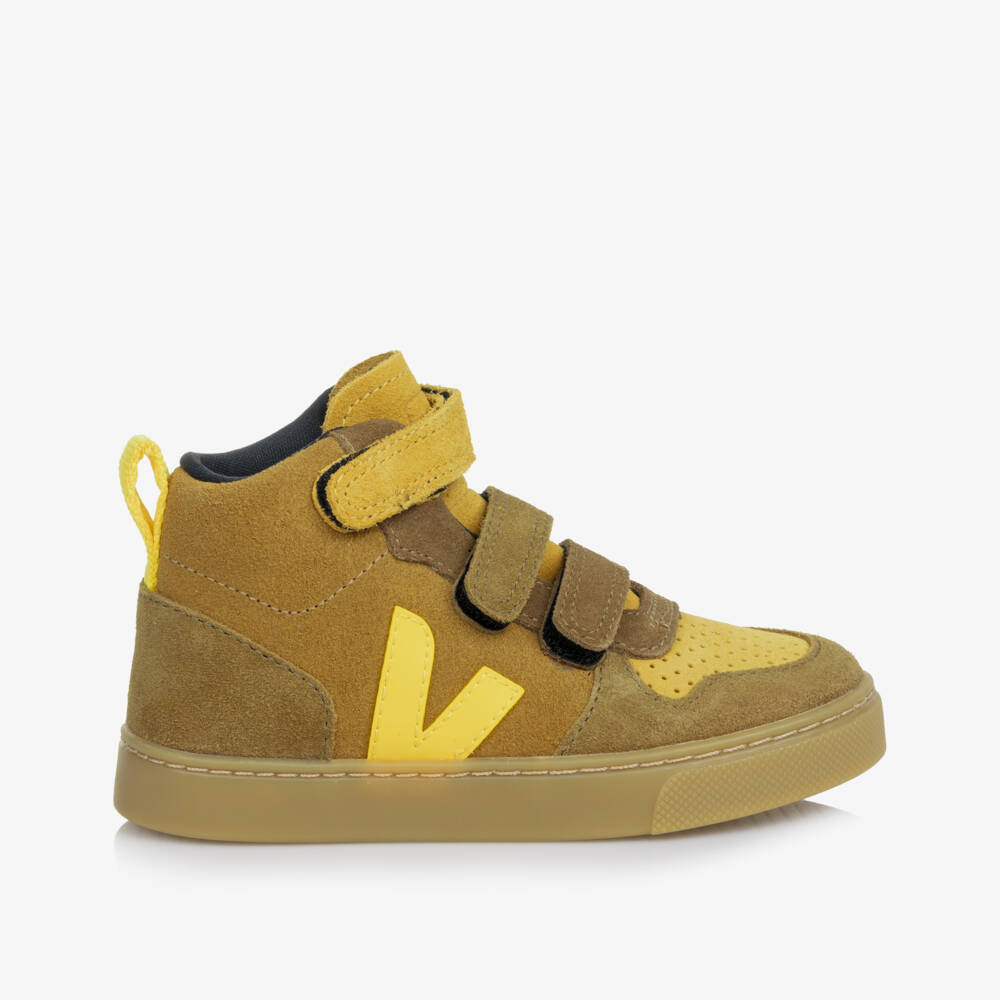 VEJA-Boys Beige & Yellow Suede Leather V-10 High-Top Trainers | Childrensalon Outlet