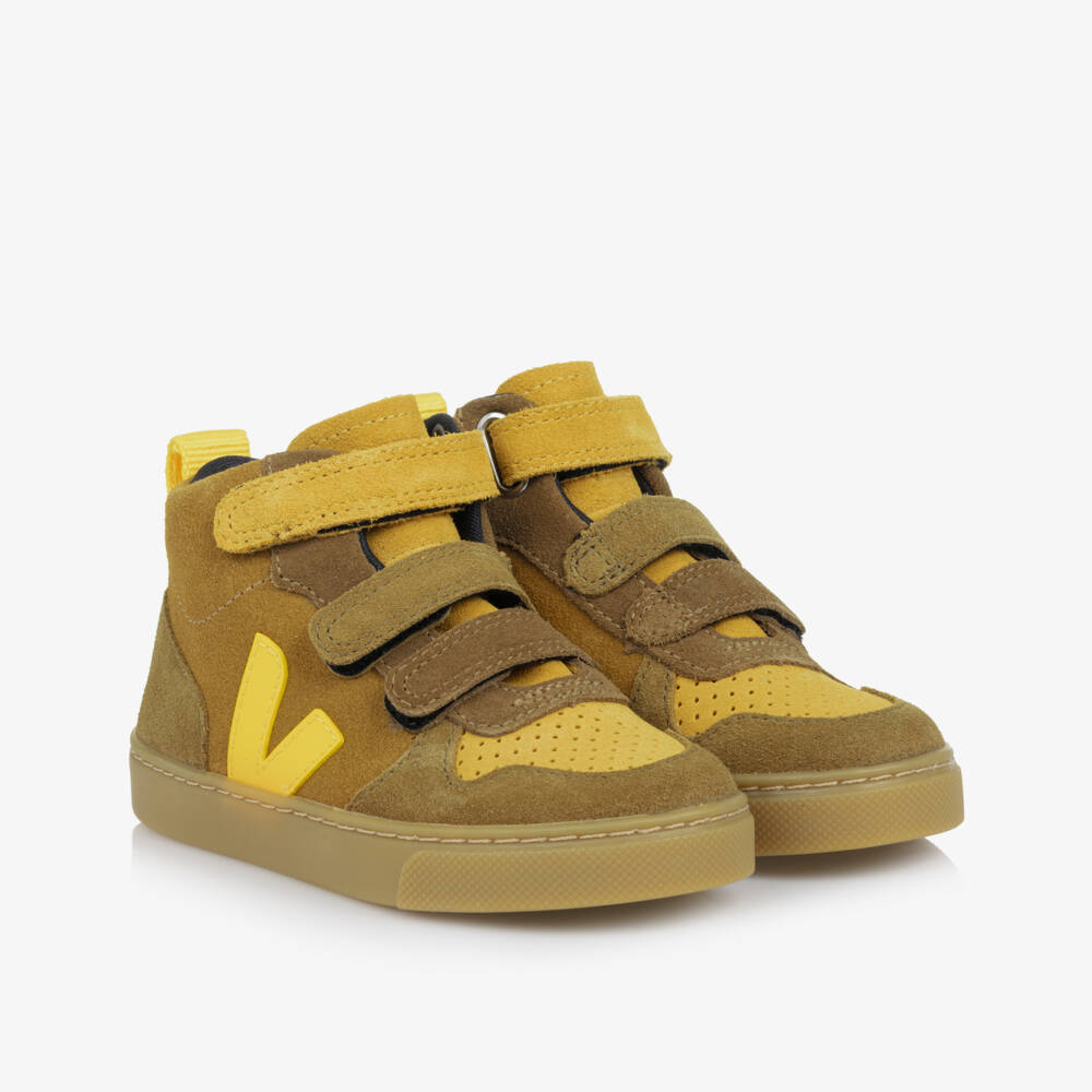 VEJA-Boys Beige & Yellow Suede Leather V-10 High-Top Trainers | Childrensalon Outlet