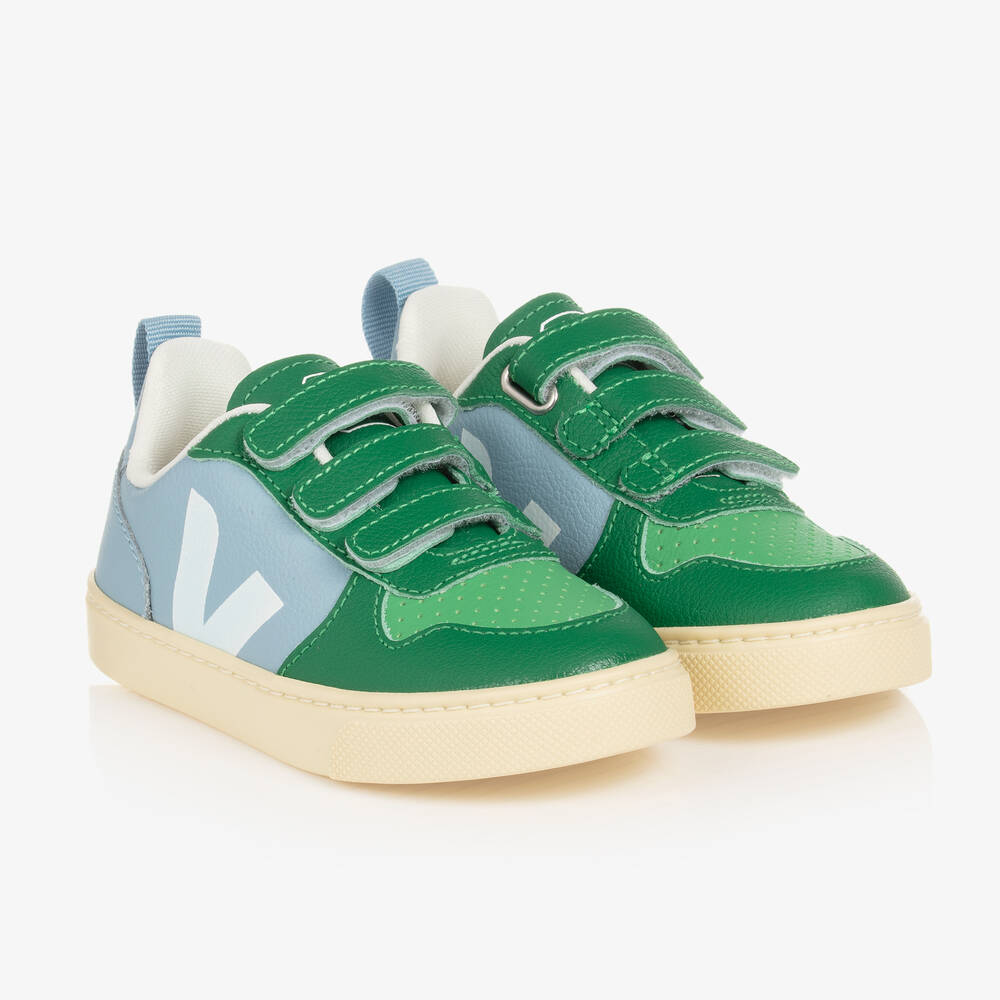 VEJA - Зелено-голубые кроссовки V-10 на липучке | Childrensalon
