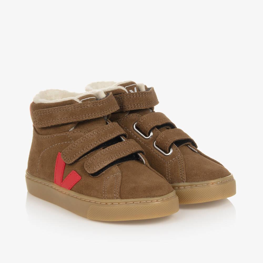 VEJA-Boys Brown & Red Suede Esplar High-Top Trainers | Childrensalon Outlet