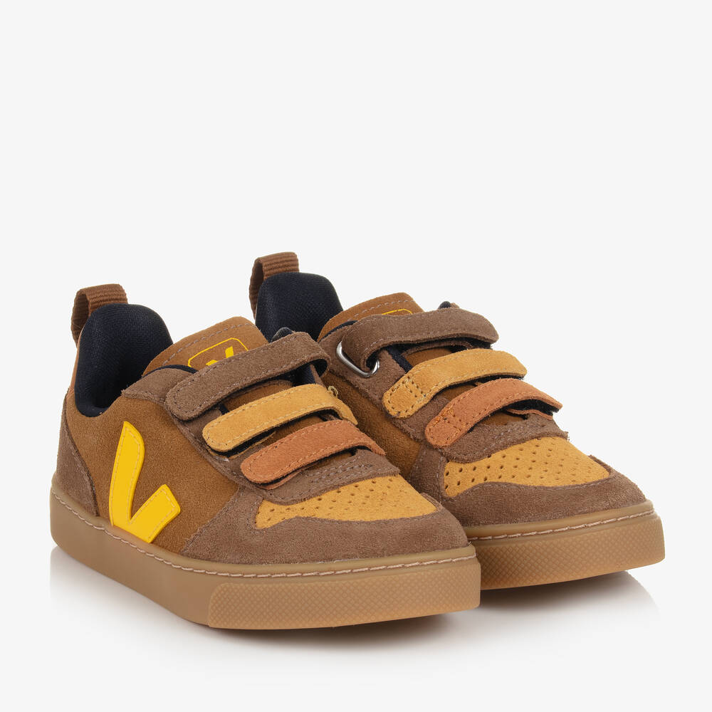 VEJA - Boys Brown & Yellow Suede Leather V-10 Trainers | Childrensalon