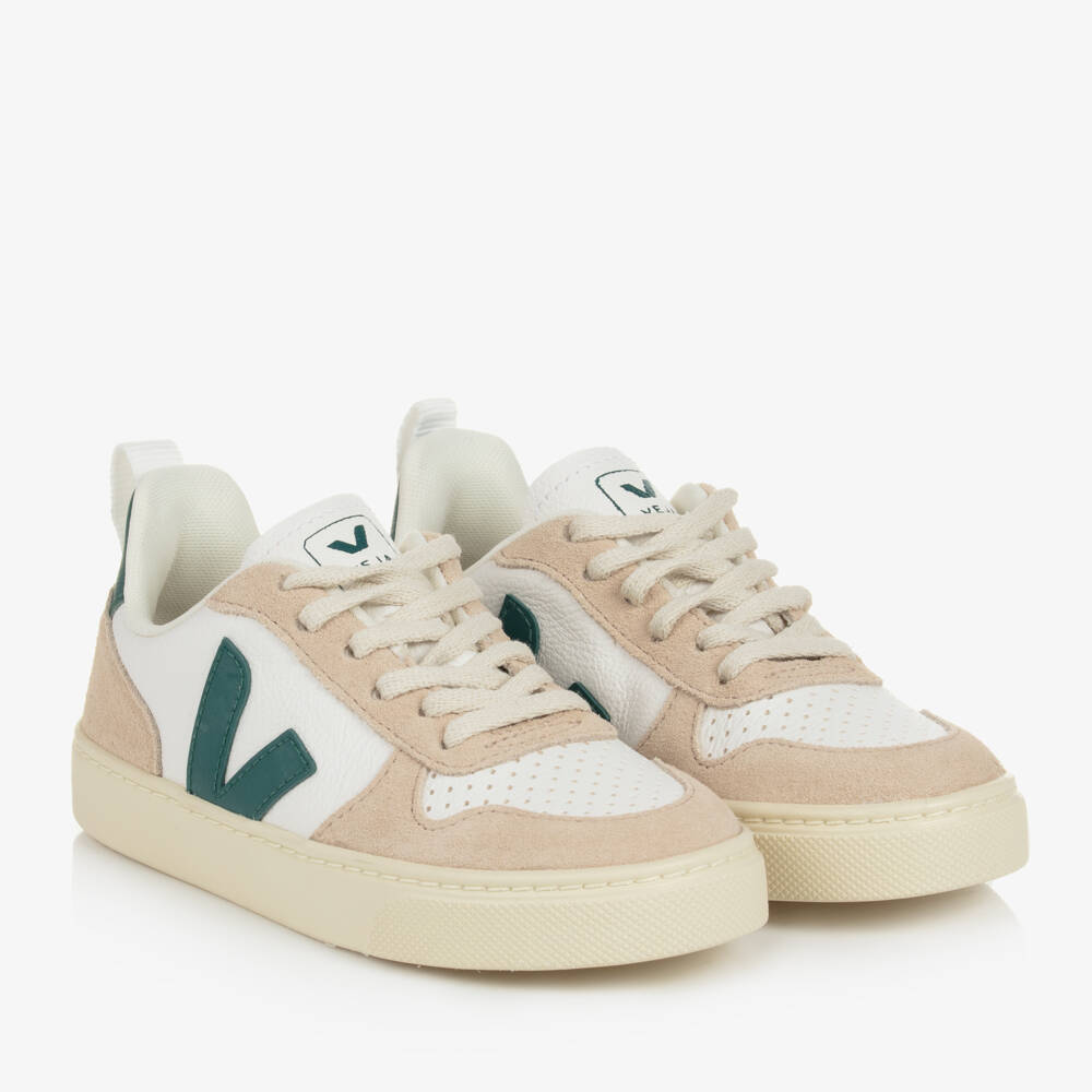 VEJA-Boys White & Green Leather Trainers | Childrensalon Outlet