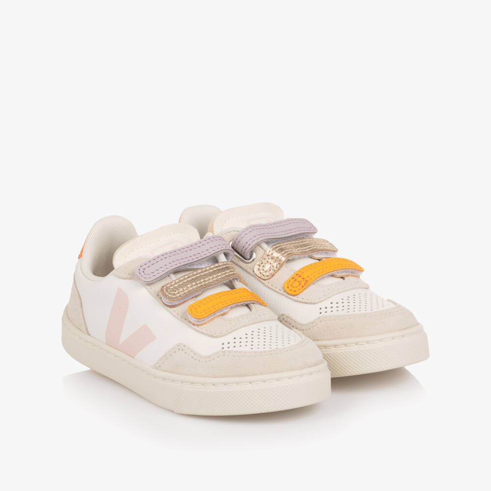 VEJA-Girls Ivory & Pink Leather V90 Trainers | Childrensalon Outlet