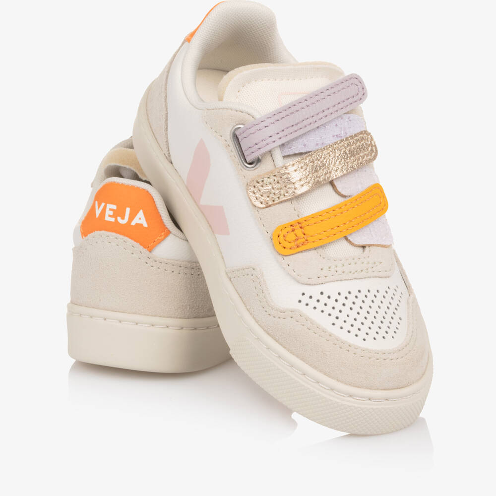 VEJA-Girls Ivory & Pink Leather V90 Trainers | Childrensalon Outlet