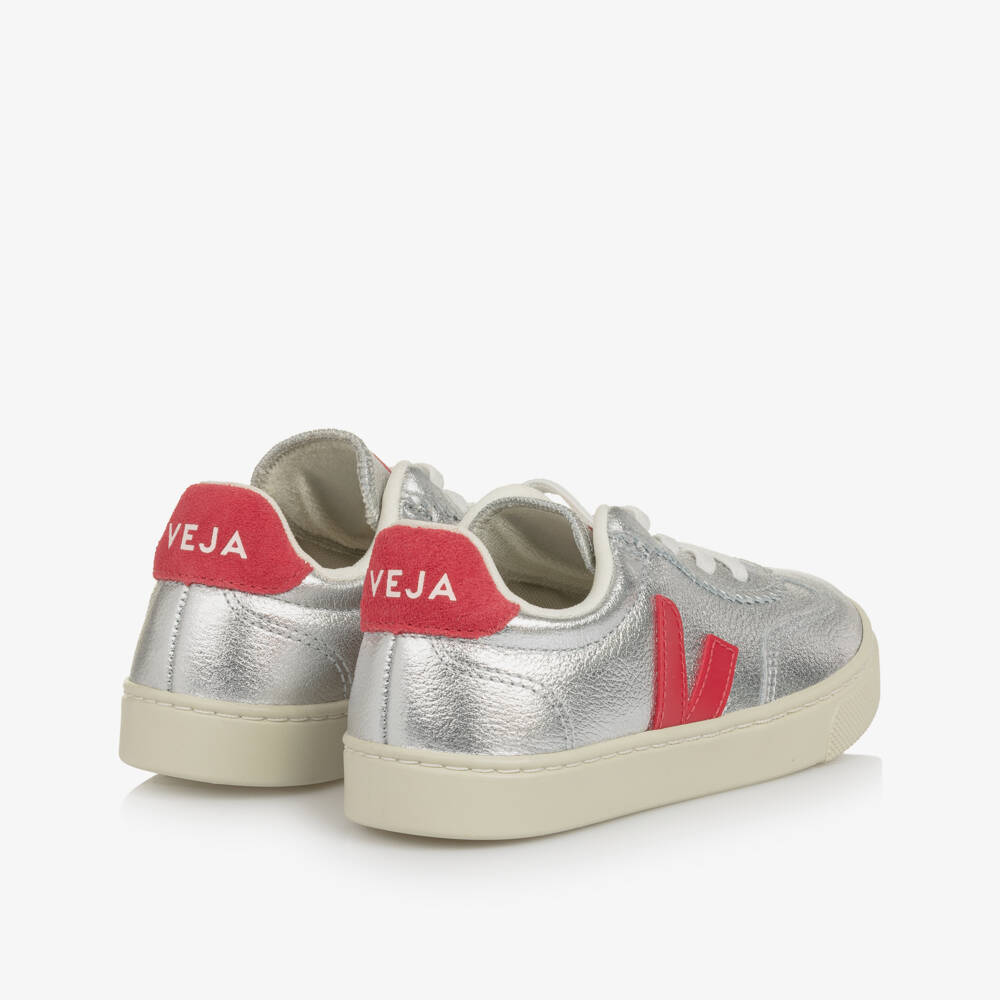 VEJA-Girls Metallic Silver & Red Leather Trainers | Childrensalon Outlet