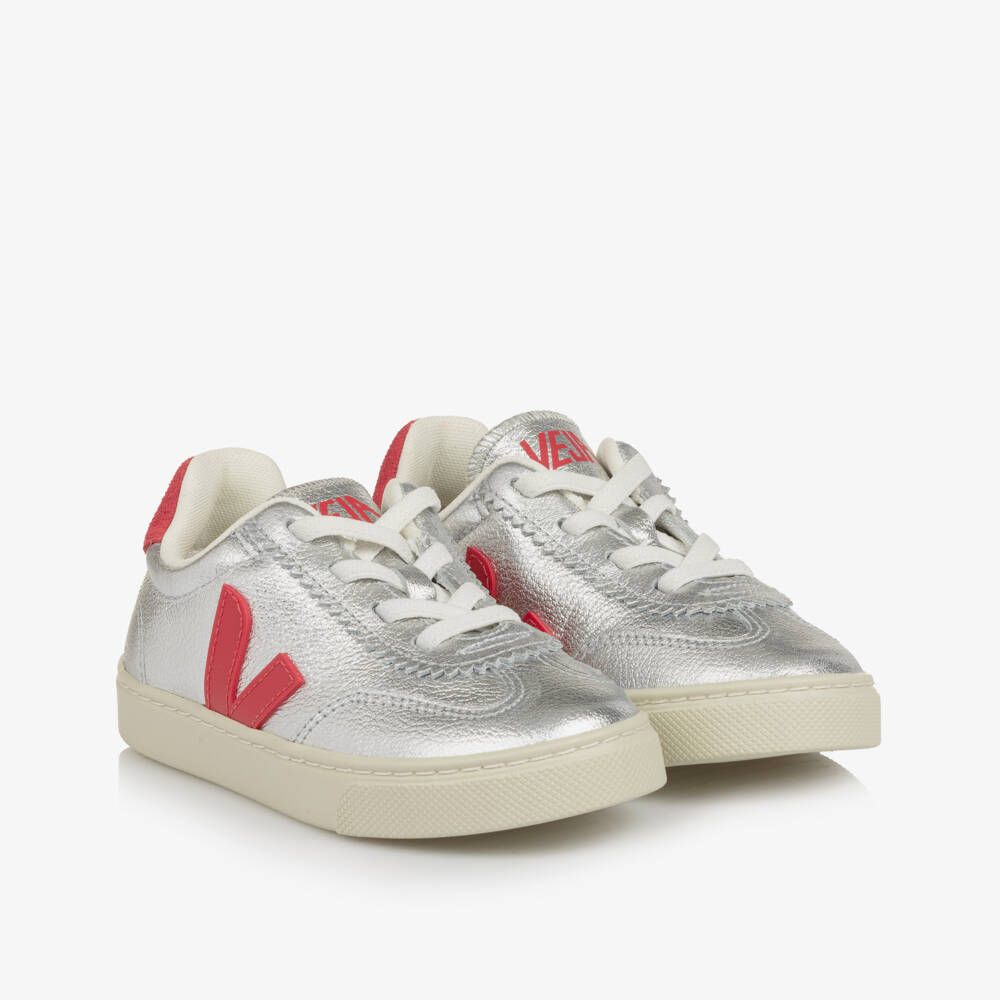 VEJA-Girls Metallic Silver & Red Leather Trainers | Childrensalon Outlet