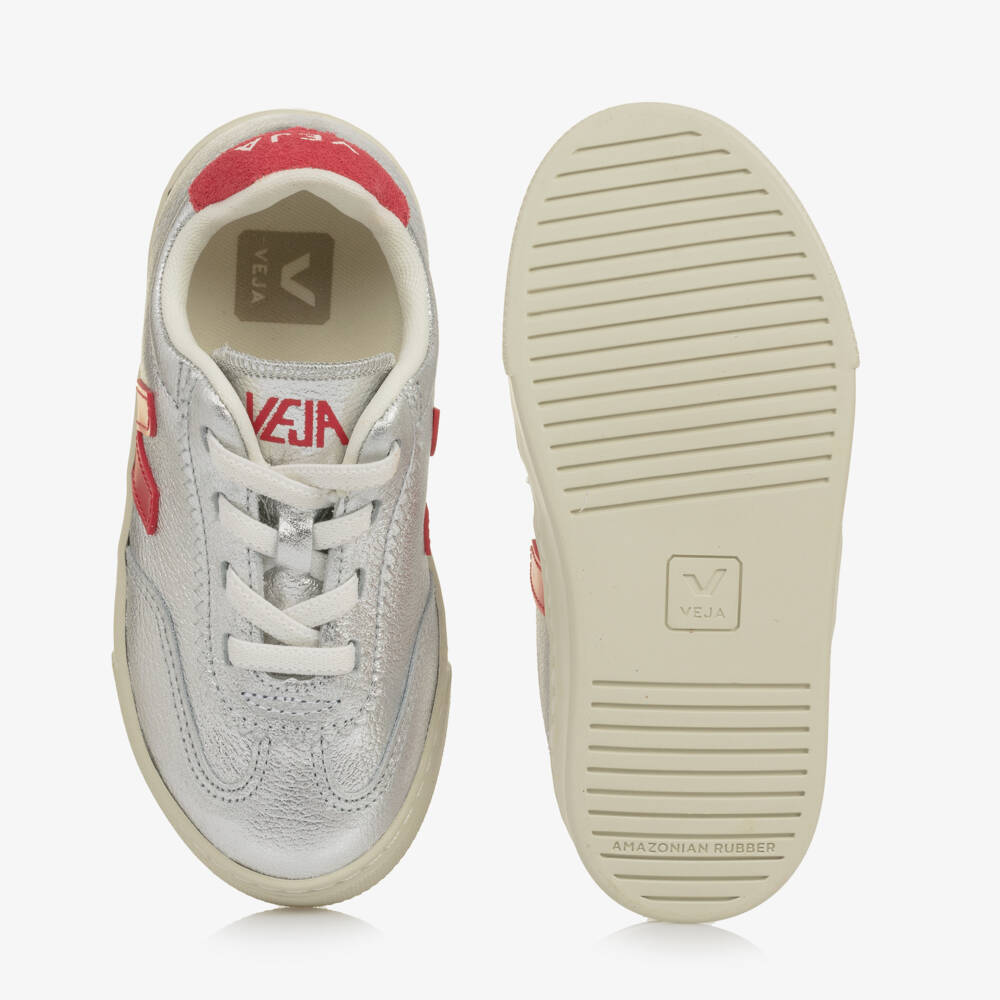 VEJA-Girls Metallic Silver & Red Leather Trainers | Childrensalon Outlet