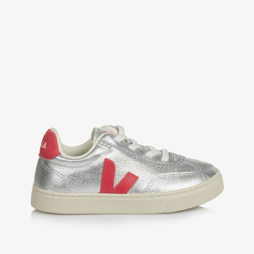 VEJA-Girls Metallic Silver & Red Leather Trainers | Childrensalon Outlet