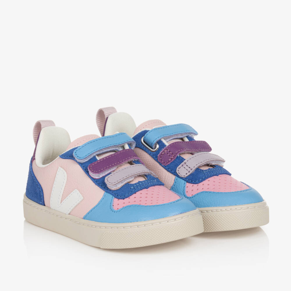VEJA-حذاء رياضي V-10 جلد لون أبيض وزهري للبنات | Childrensalon Outlet