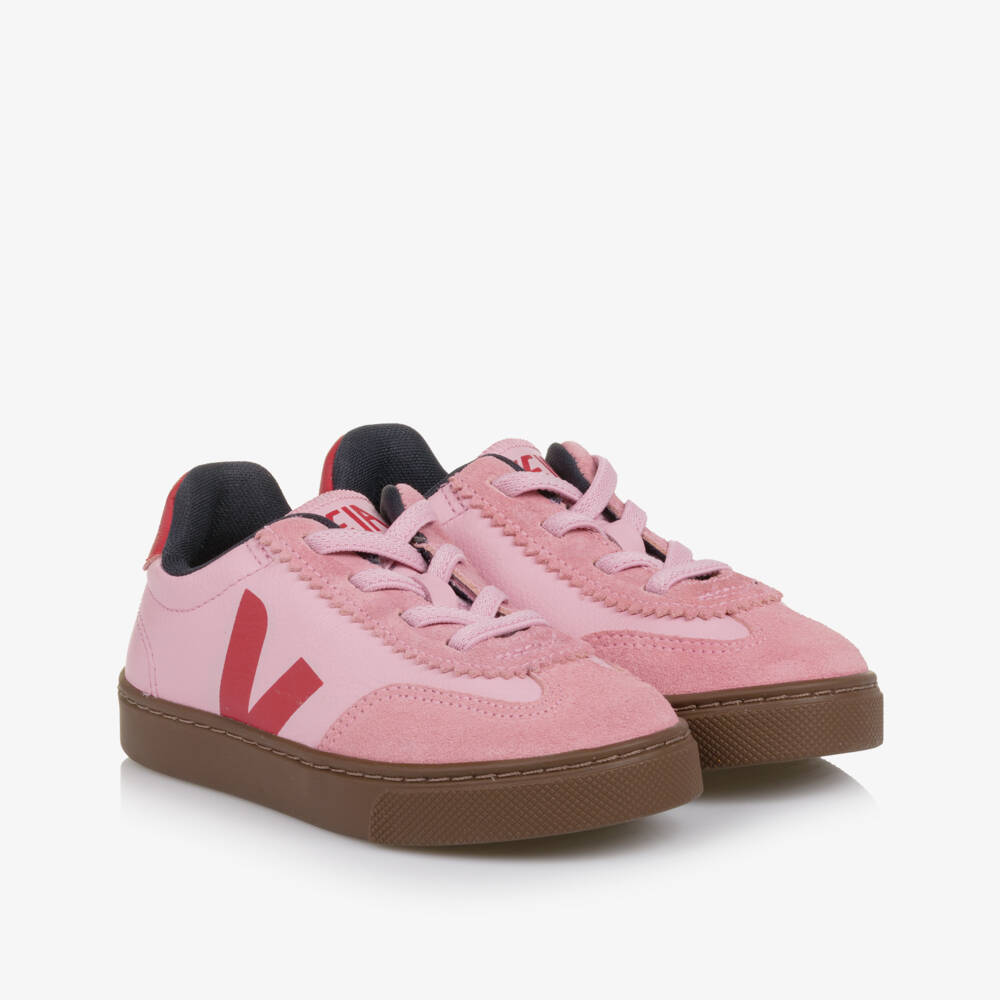 VEJA-Girls Pink & Red Leather Volley Slip-On Trainers | Childrensalon Outlet