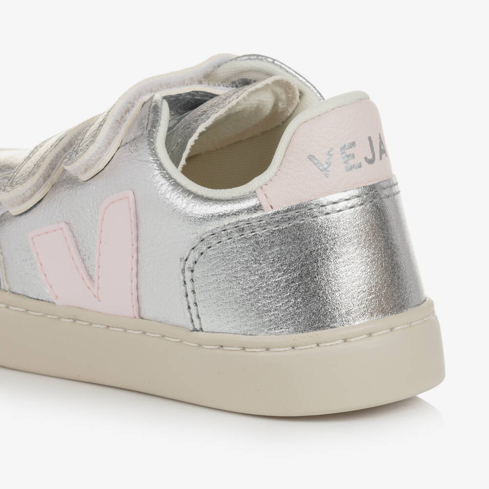 VEJA-Girls Silver & Pink Leather V-12 Trainers | Childrensalon Outlet