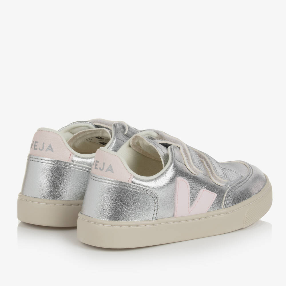 VEJA-Girls Silver & Pink Leather V-12 Trainers | Childrensalon Outlet