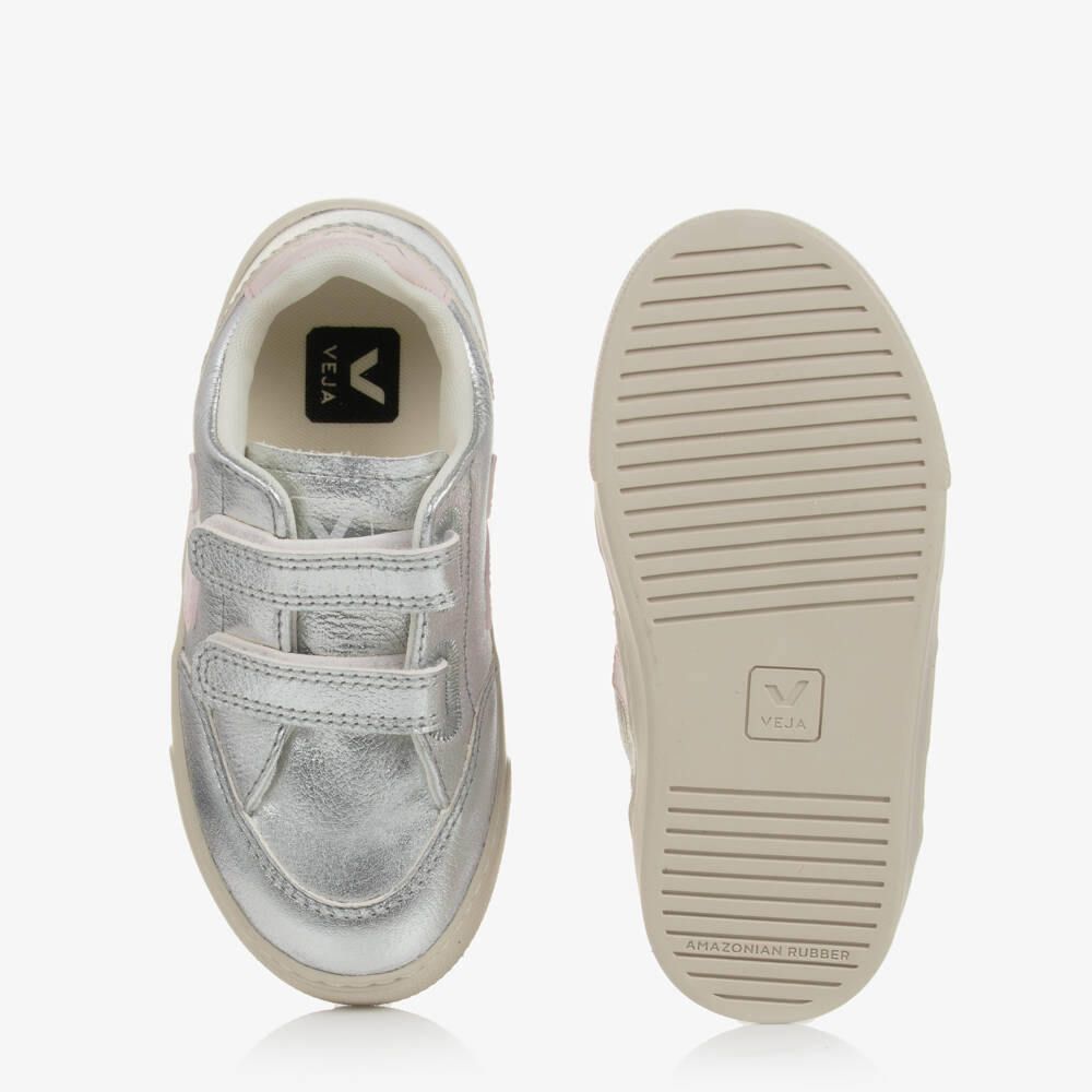 VEJA-Girls Silver & Pink Leather V-12 Trainers | Childrensalon Outlet