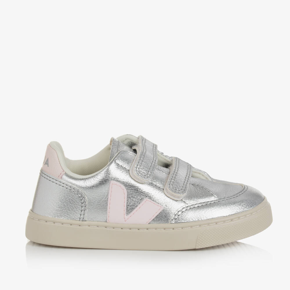 VEJA-Girls Silver & Pink Leather V-12 Trainers | Childrensalon Outlet