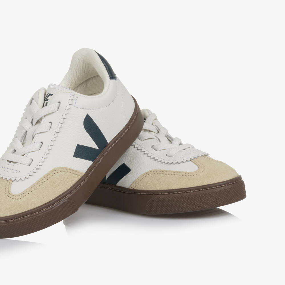 VEJA-Girls White, Beige & Black Leather Volley Trainers | Childrensalon Outlet