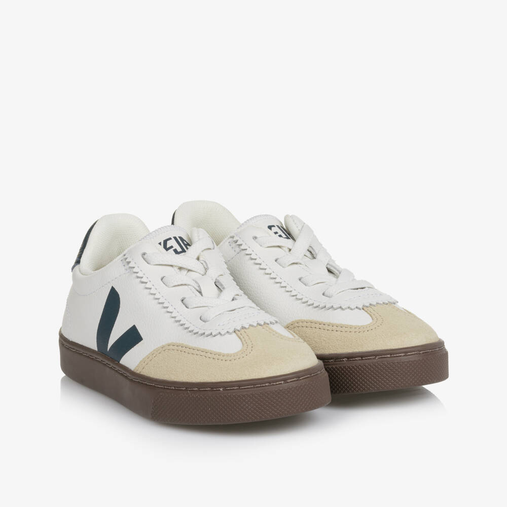 VEJA-Girls White, Beige & Black Leather Volley Trainers | Childrensalon Outlet