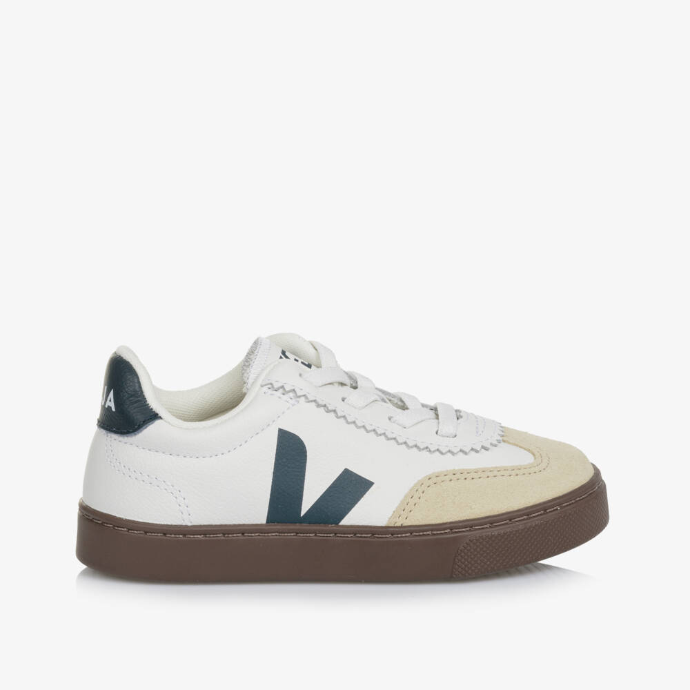 VEJA-Girls White, Beige & Black Leather Volley Trainers | Childrensalon Outlet