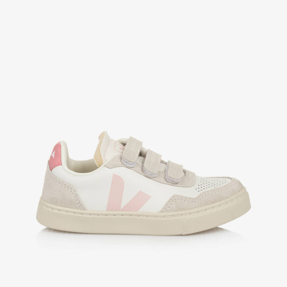 VEJA-Girls White & Blush Pink Leather V-90 Trainers | Childrensalon Outlet