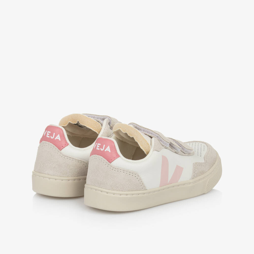 VEJA-Girls White & Blush Pink Leather V-90 Trainers | Childrensalon Outlet