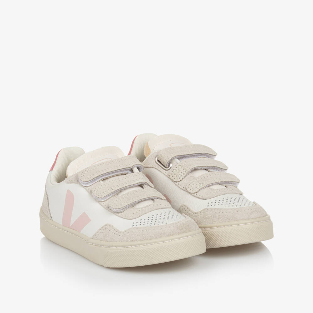 VEJA-Girls White & Blush Pink Leather V-90 Trainers | Childrensalon Outlet