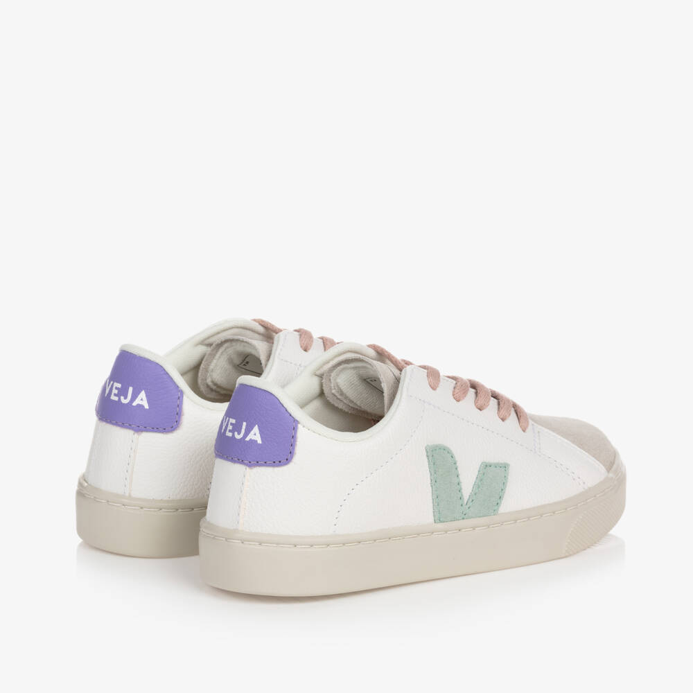 VEJA-Girls White & Green Leather Esplar Trainers | Childrensalon Outlet