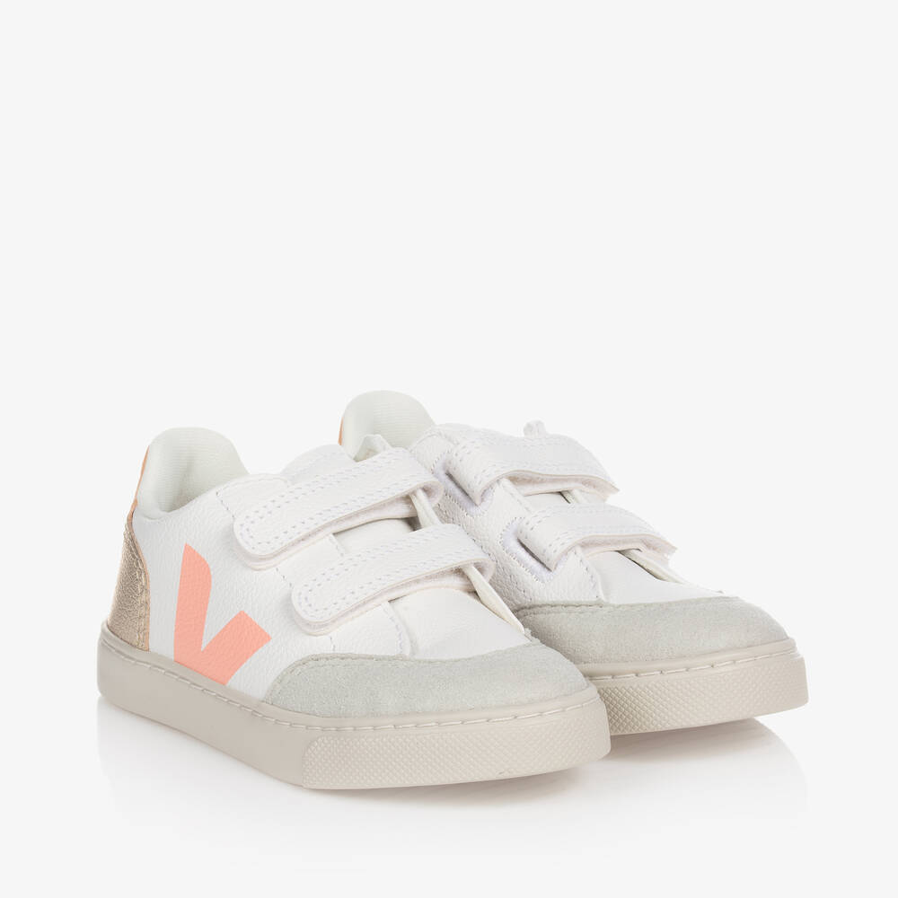 VEJA-Girls White & Pink V-12 Leather Trainers | Childrensalon Outlet