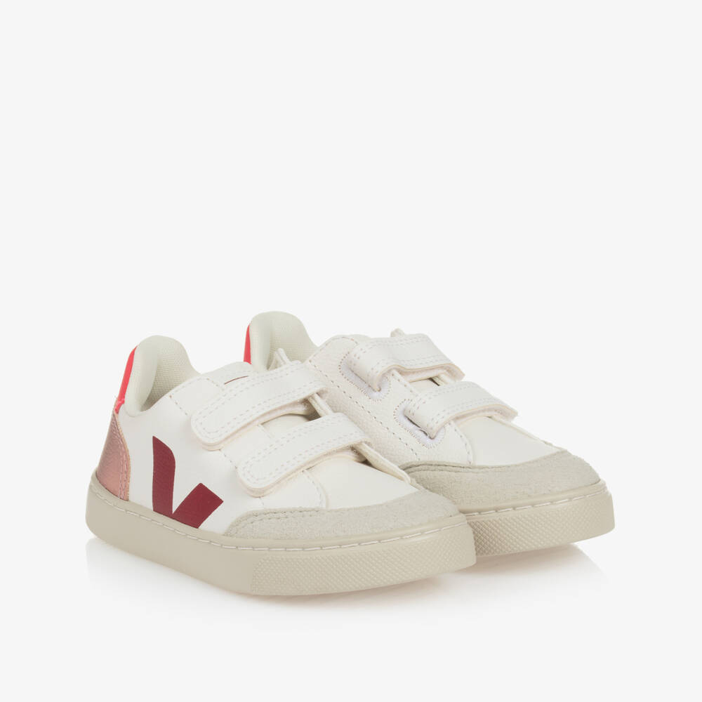 VEJA-Girls White & Red V-12 Leather Trainers | Childrensalon Outlet
