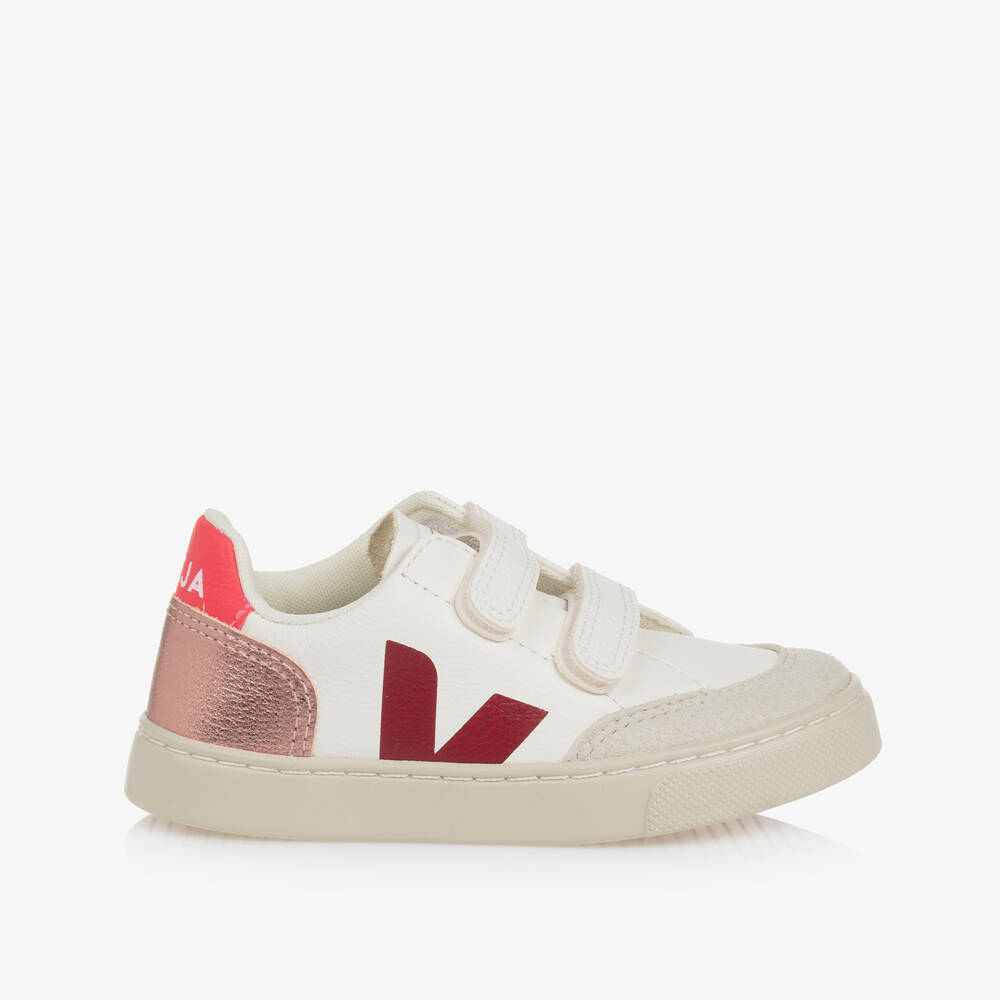 VEJA-Girls White & Red V-12 Leather Trainers | Childrensalon Outlet
