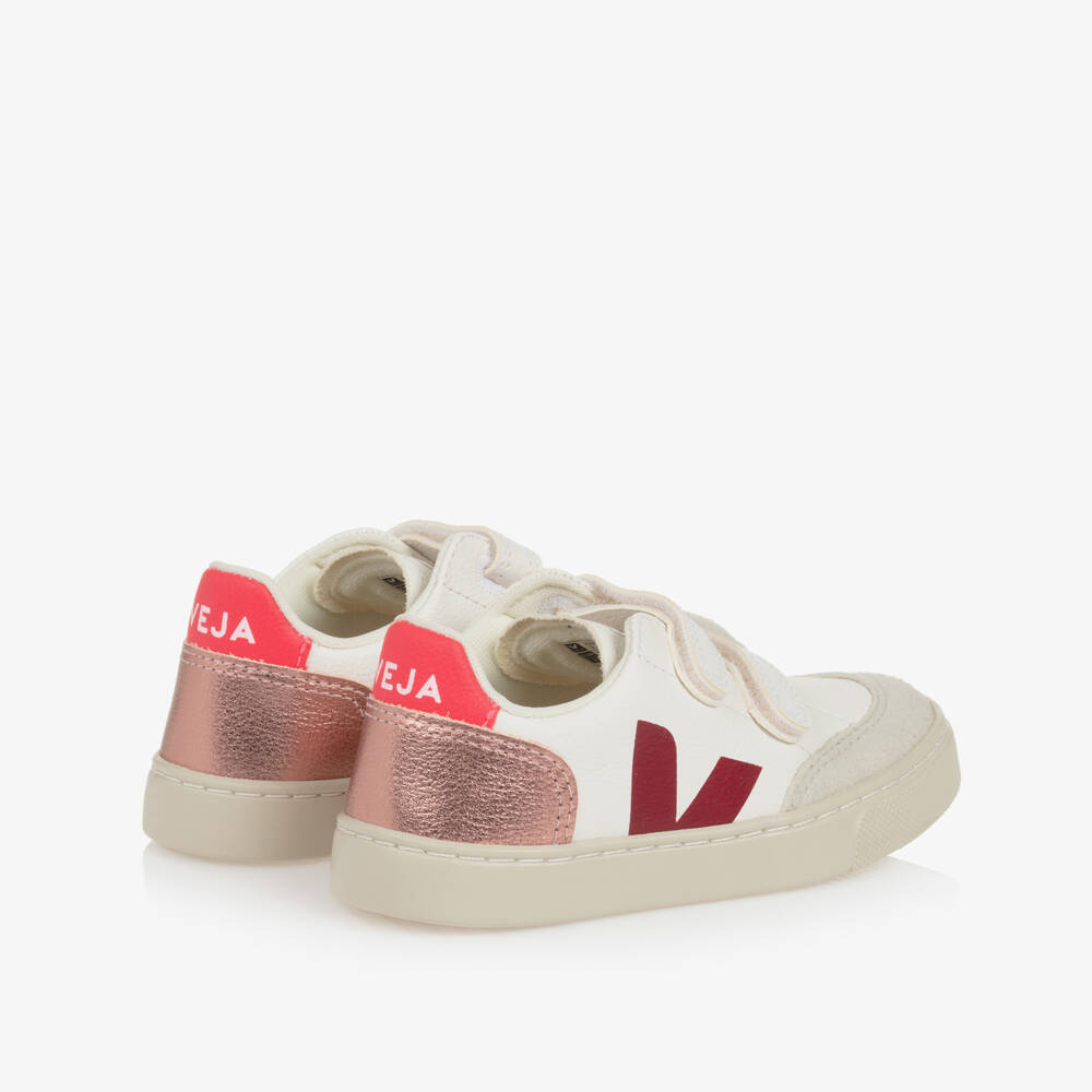 VEJA-Girls White & Red V-12 Leather Trainers | Childrensalon Outlet